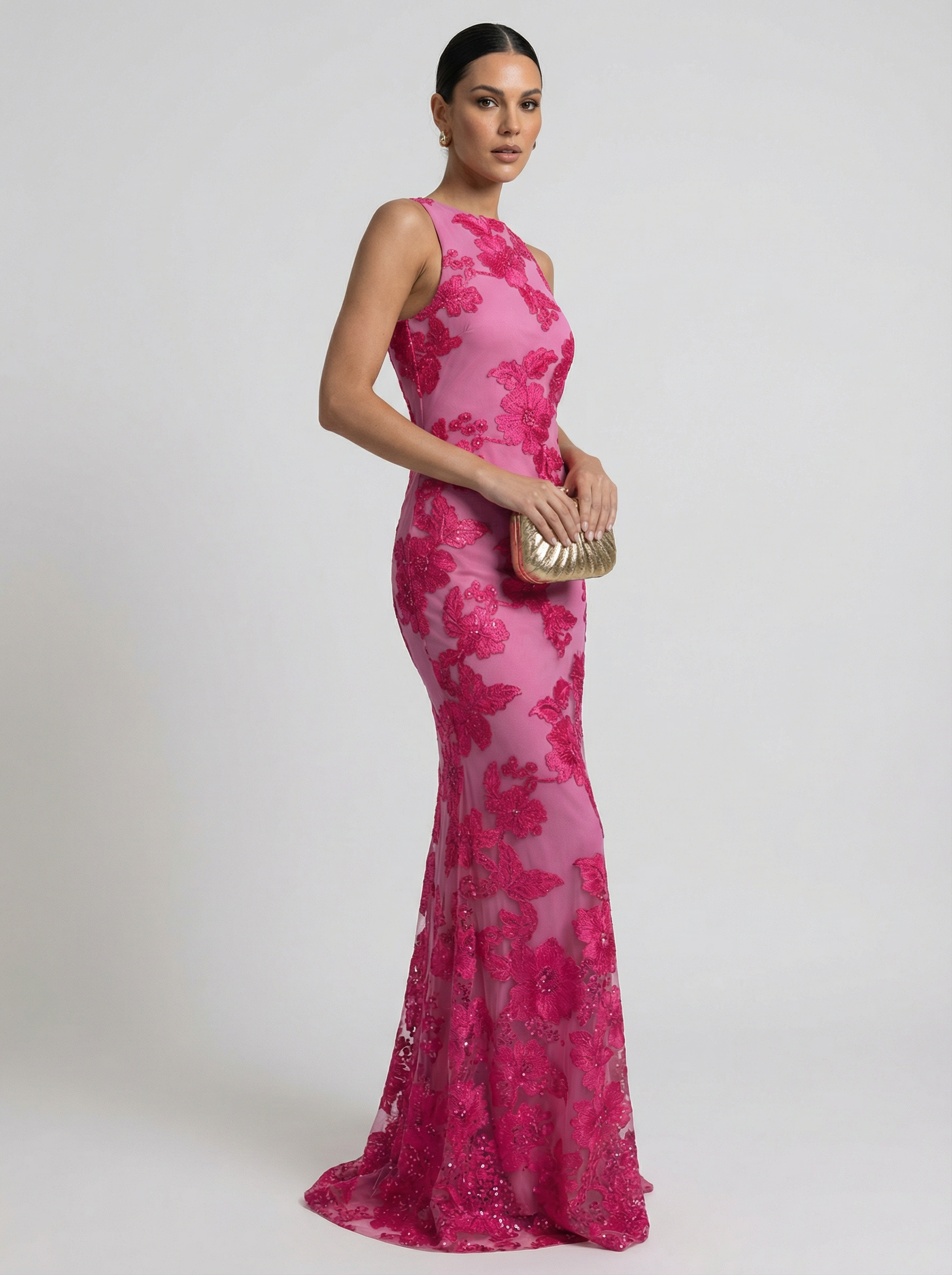 Women’s Pink Floral Lace Maxi Dress