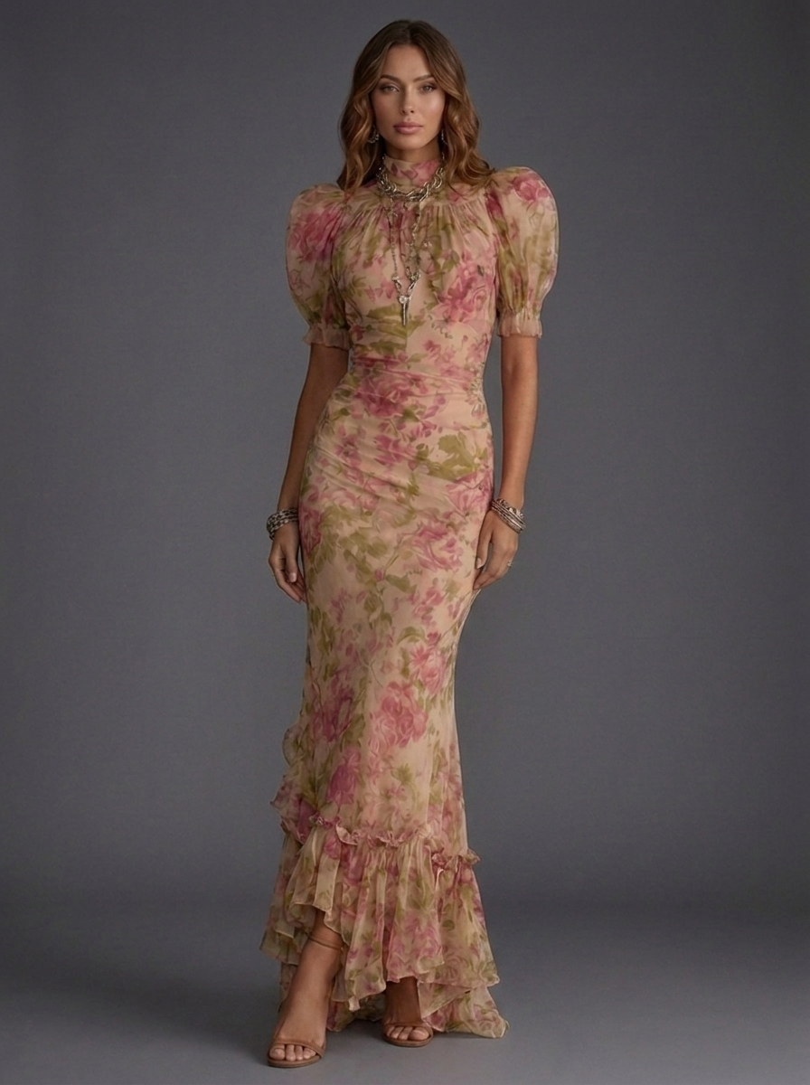 Floral High Neck Puff Sleeve Ruffle Maxi Dress