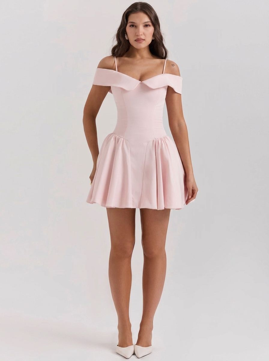 Off Shoulder Puffball Full Skirt Mini Dress