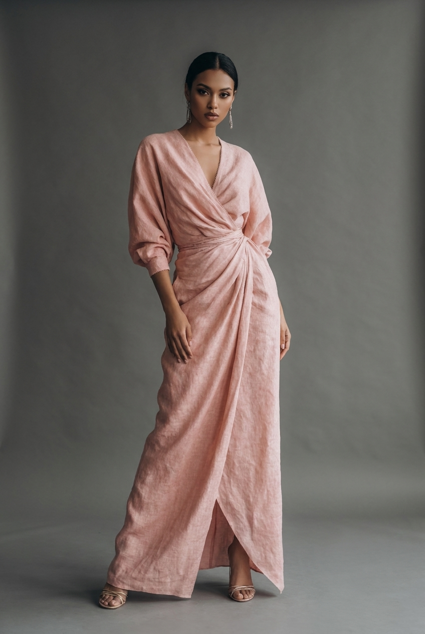 Linen Style Maxi Dress V-Neck Batwing Sleeve Twist Front Wrap