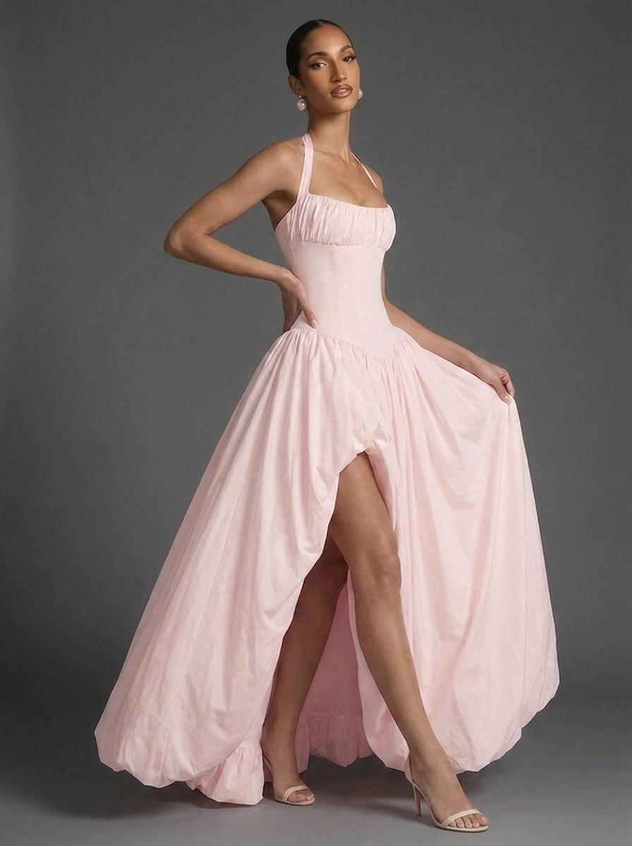 Halter Corset Split Full Skirt Occasion Maxi Dress
