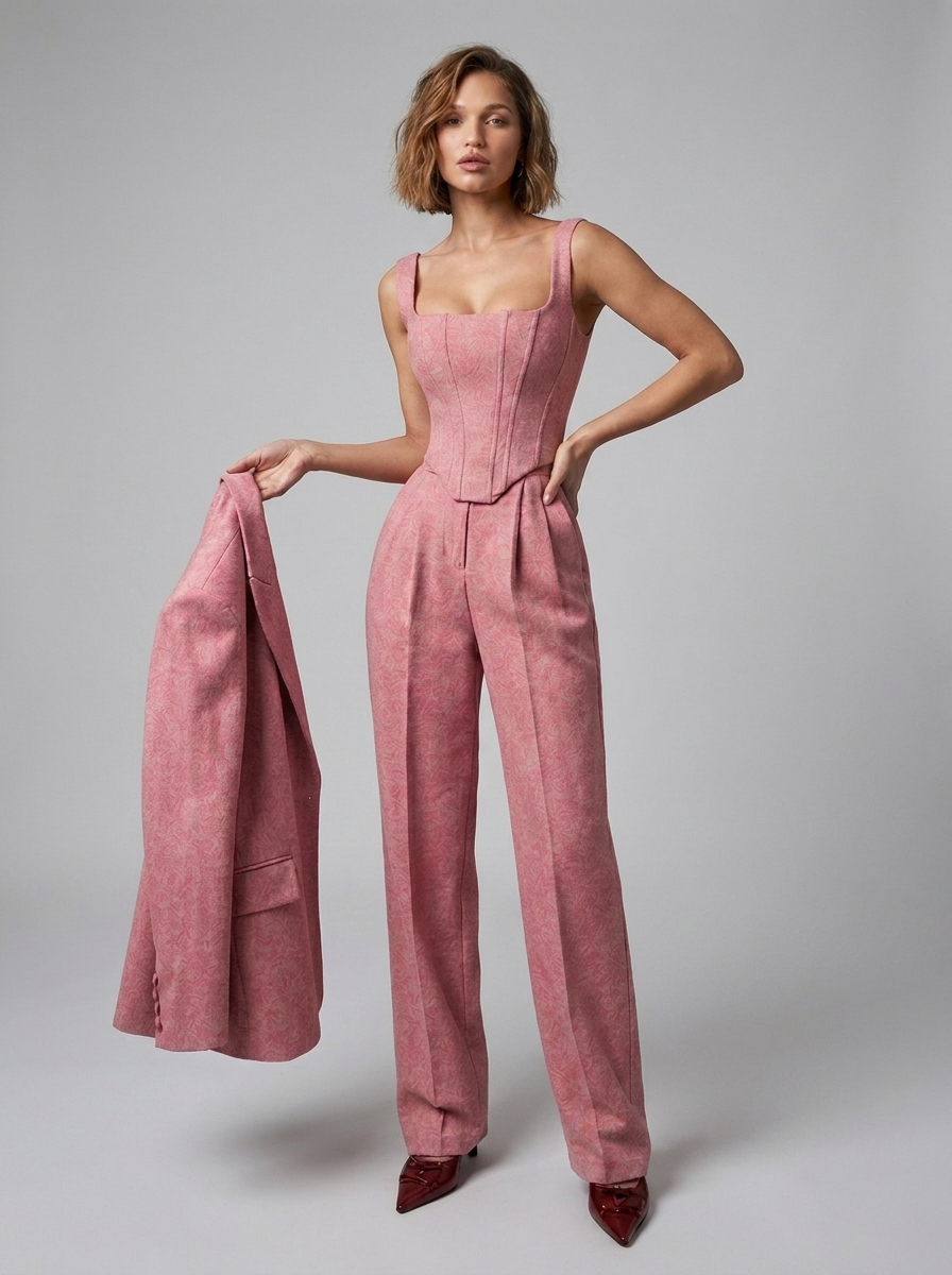 Blazer Corset Wide Leg Three Piece Trouser Suit Women