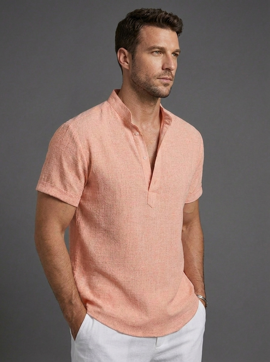 Linen Style Short Sleeve Henley Summer Shirt Men