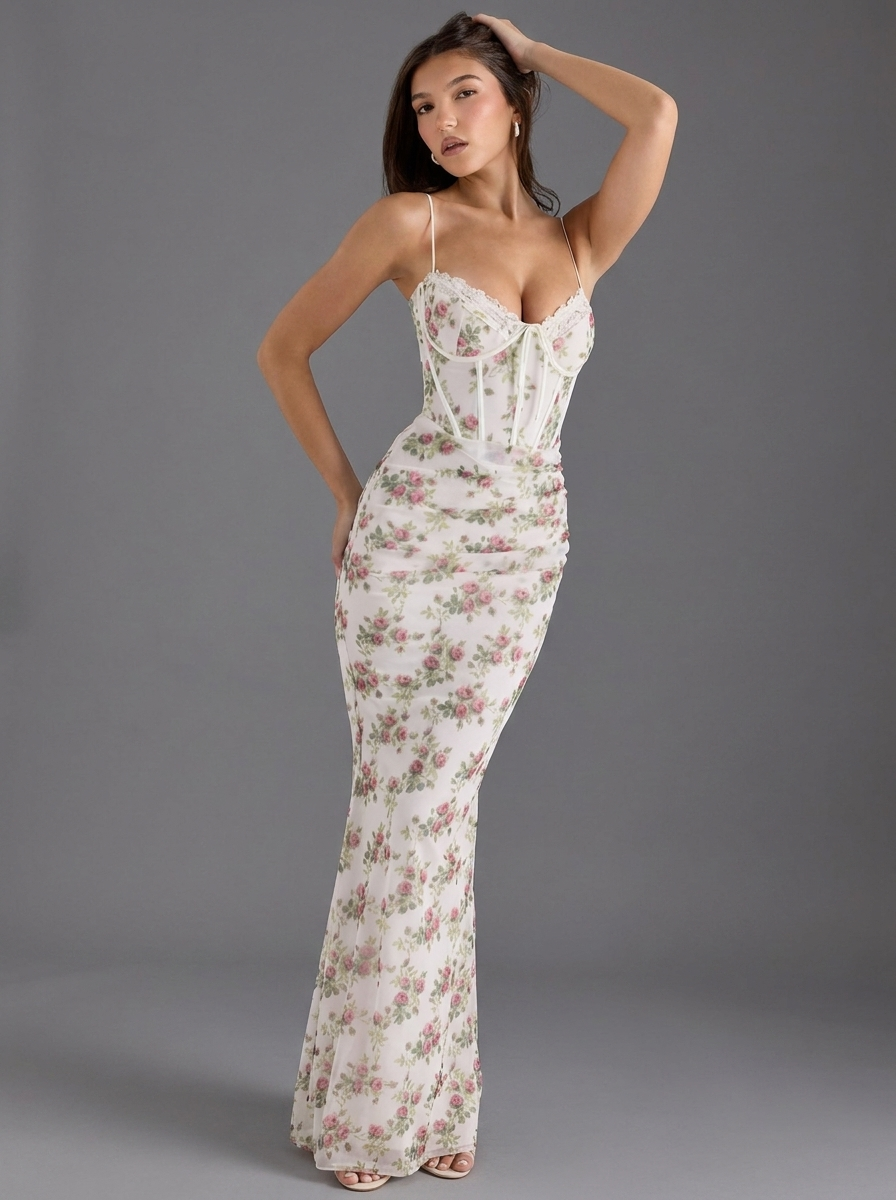 Floral Strappy Corset Occasion Maxi Dress