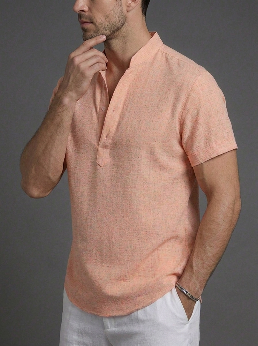 Linen Style Short Sleeve Henley Summer Shirt Men