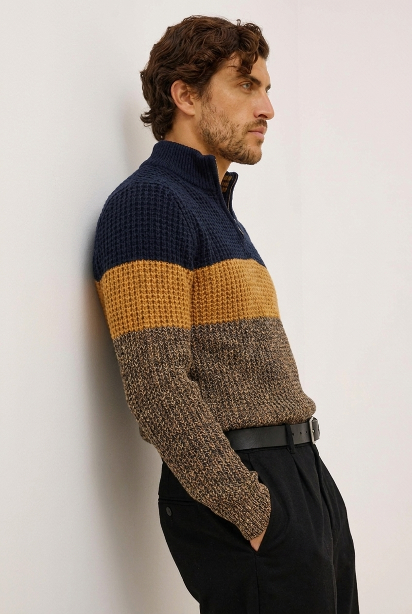 Colour Block Knit Quarter Zip Jumper Men
