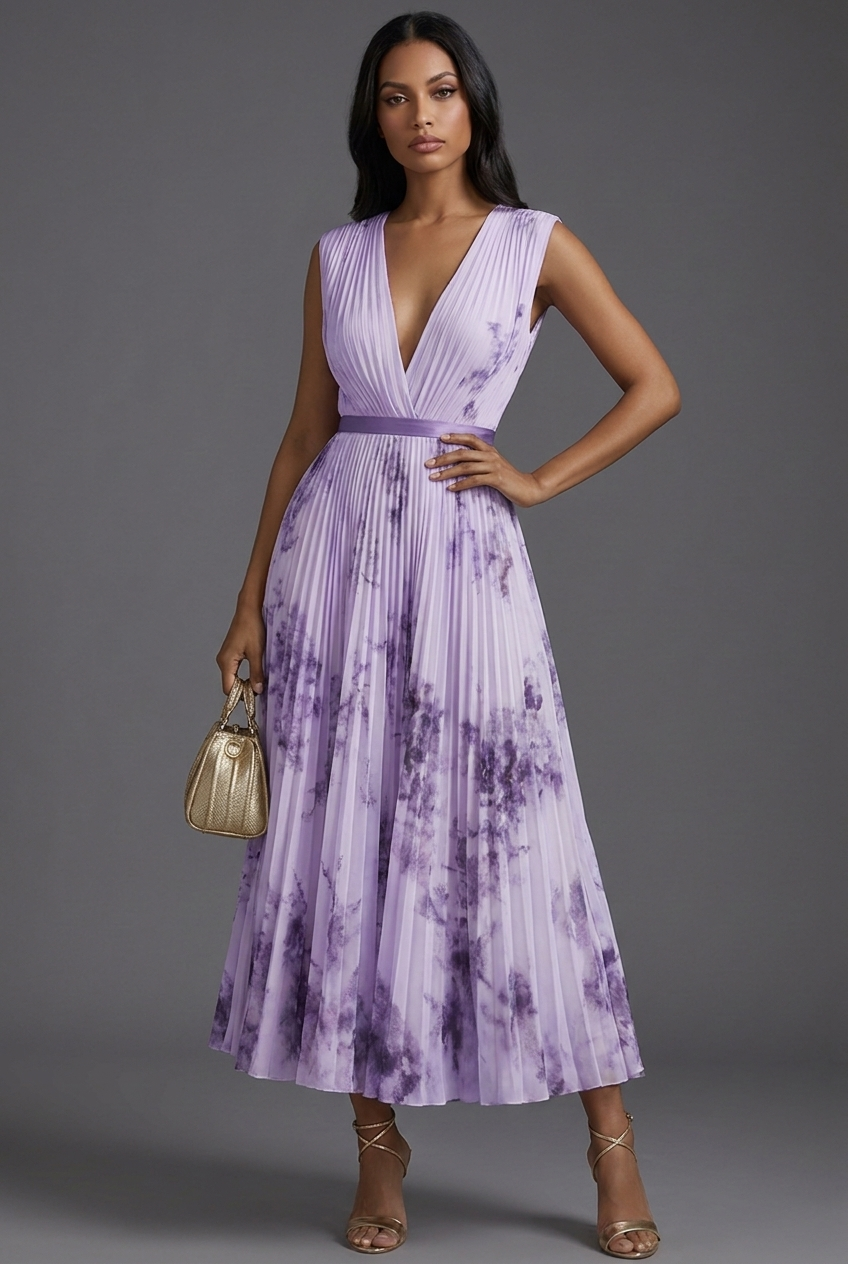 V-Neck Pleated Floral Ascot Midi Wedding Guest Dress
