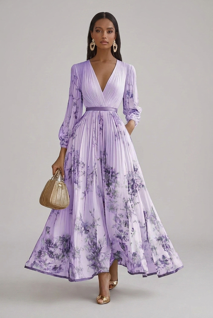 Maxi Wedding Guest Dress Floral V Neck Long Sleeve Pleated