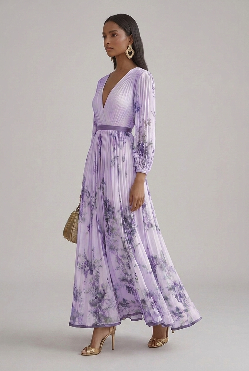 Maxi Wedding Guest Dress Floral V Neck Long Sleeve Pleated