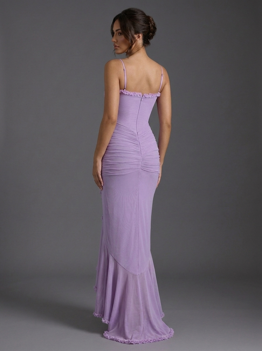 Strappy Ruched Ruffle Split Occasion Maxi Dress
