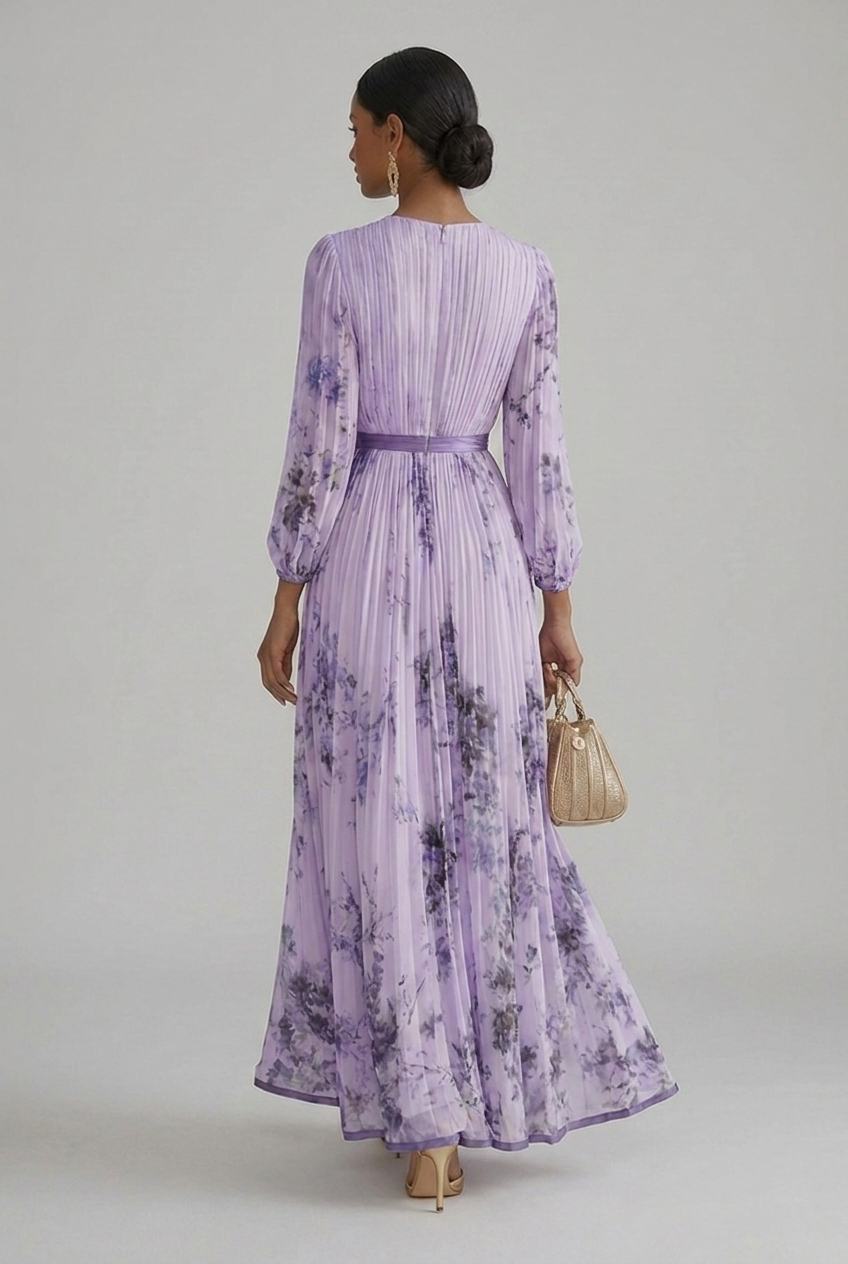 Maxi Wedding Guest Dress Floral V Neck Long Sleeve Pleated
