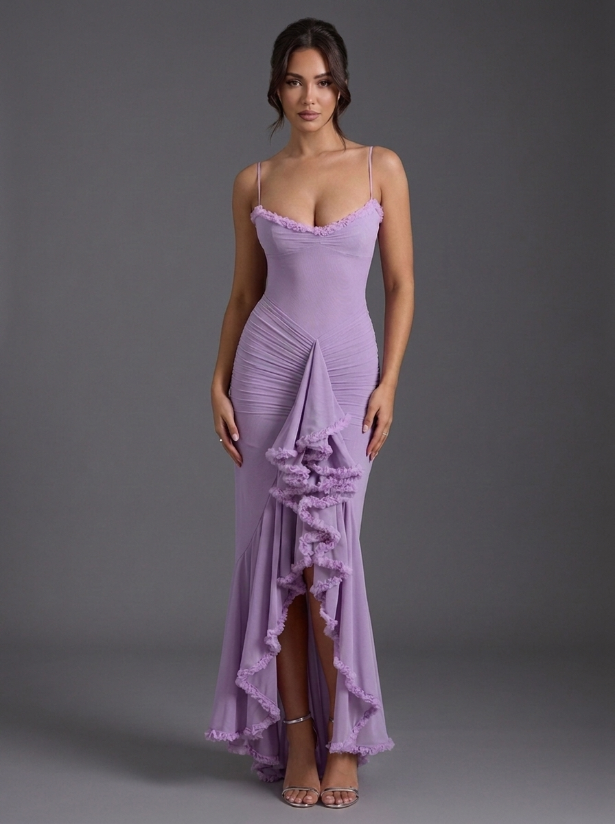 Strappy Ruched Ruffle Split Occasion Maxi Dress