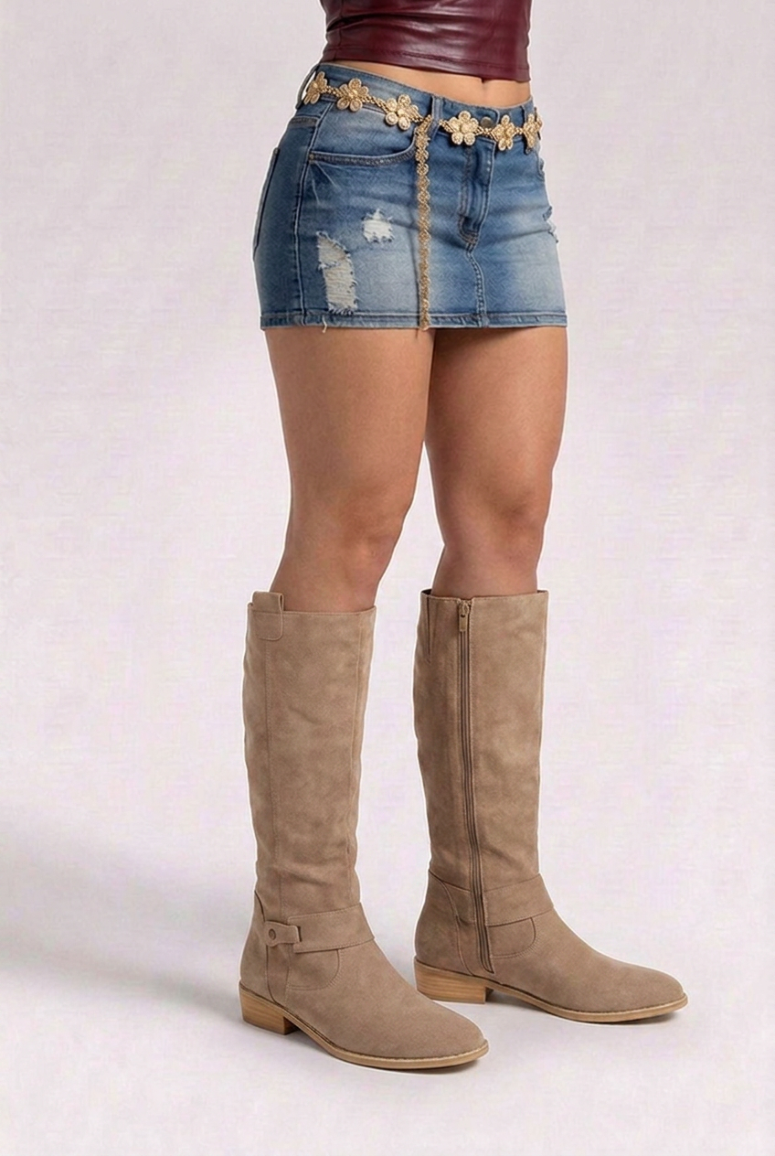 Block Heel Side Slip Knee High Boots Women