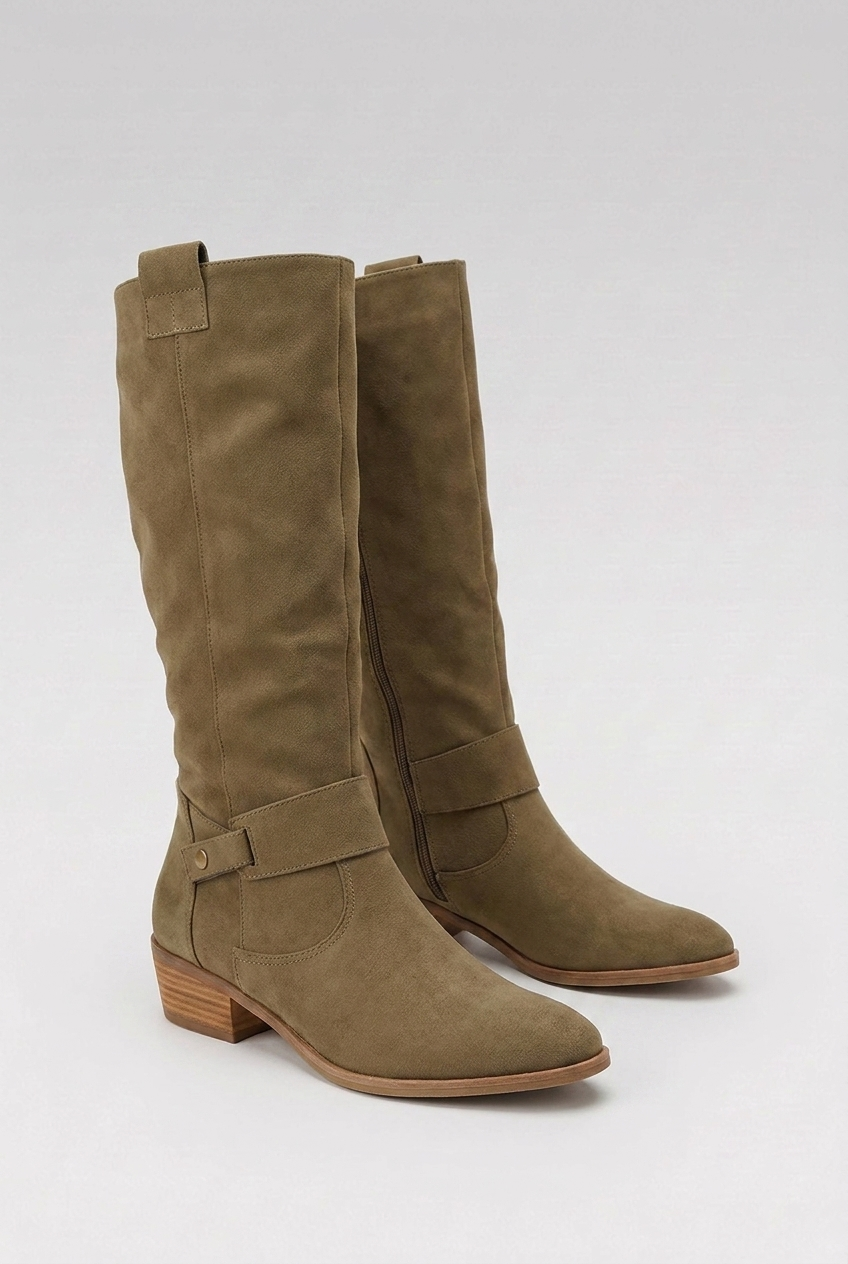 Block Heel Side Slip Knee High Boots Women