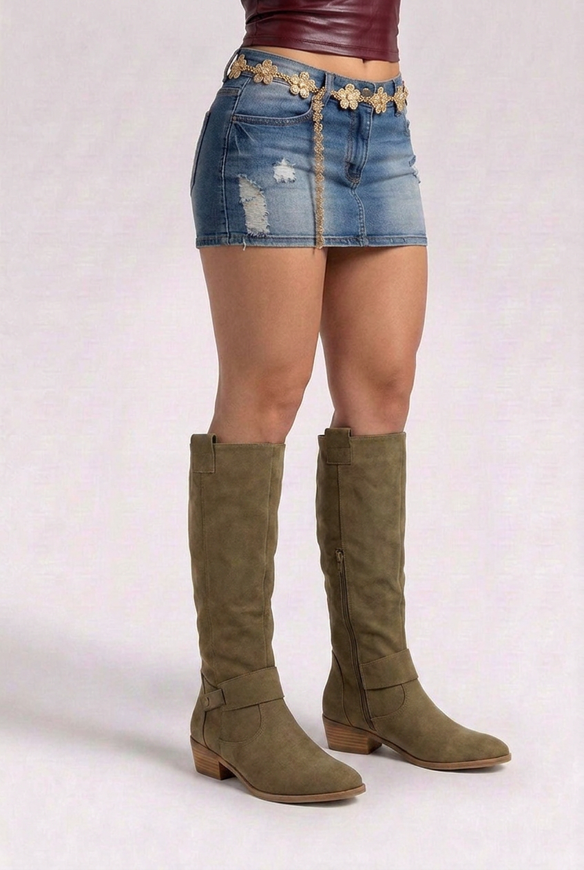 Block Heel Side Slip Knee High Boots Women