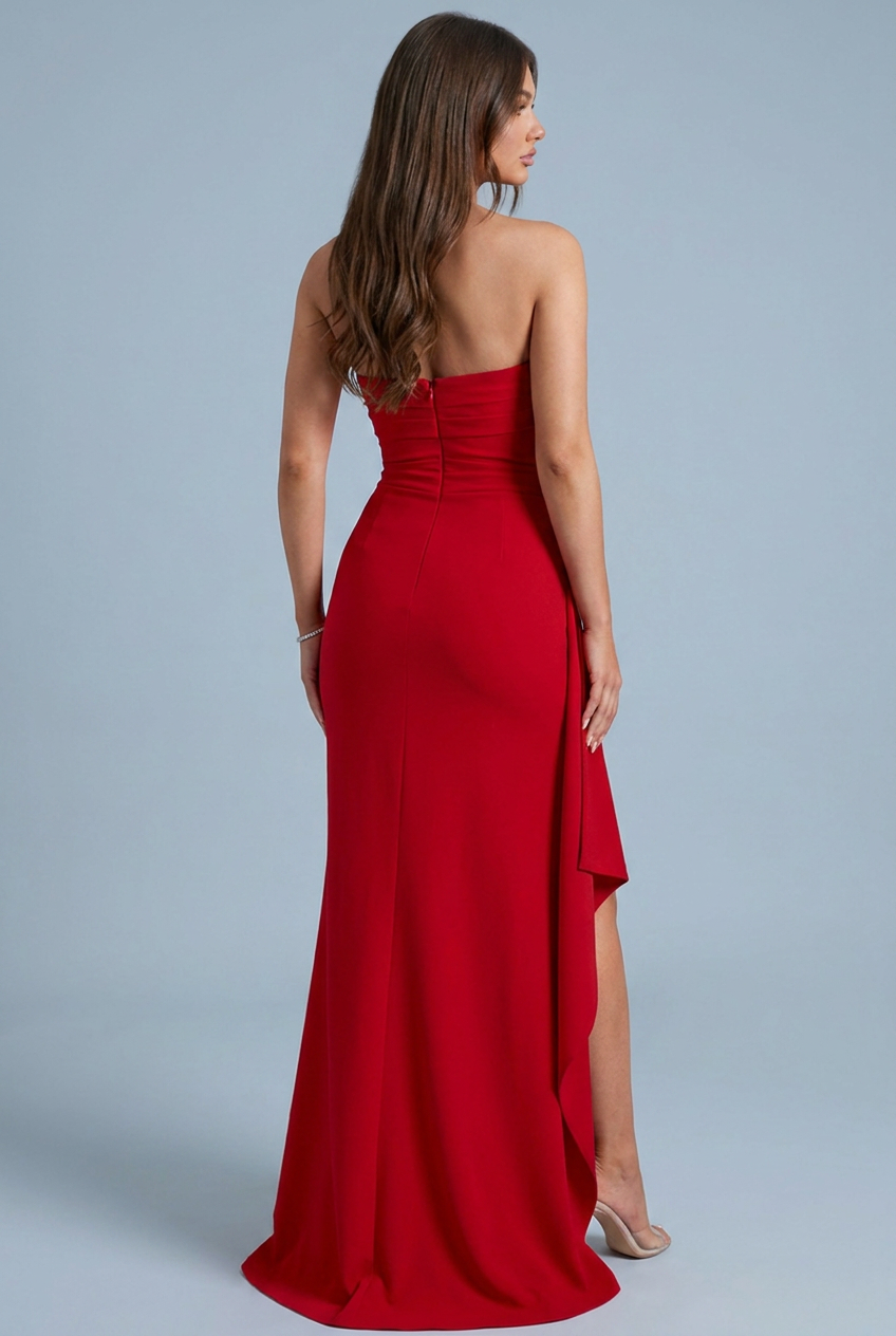 Bodycon Strapless Ruched Split Satin Style Maxi Dress