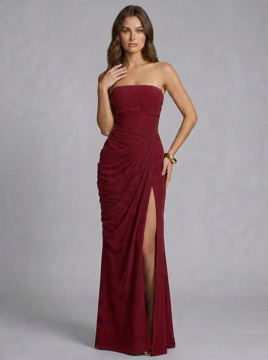 Strapless Draped High Split Graduation Dress