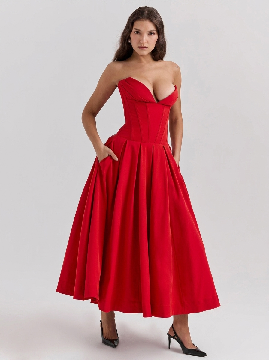 Strapless Corset Pleated Flared Midi Dress