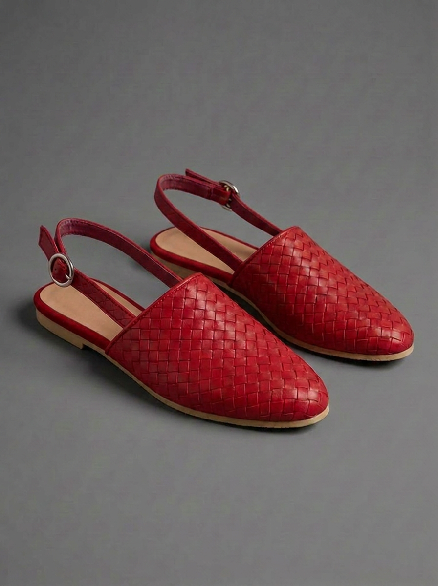 Woven Pointed Toe Leather Style Flat Mules Women