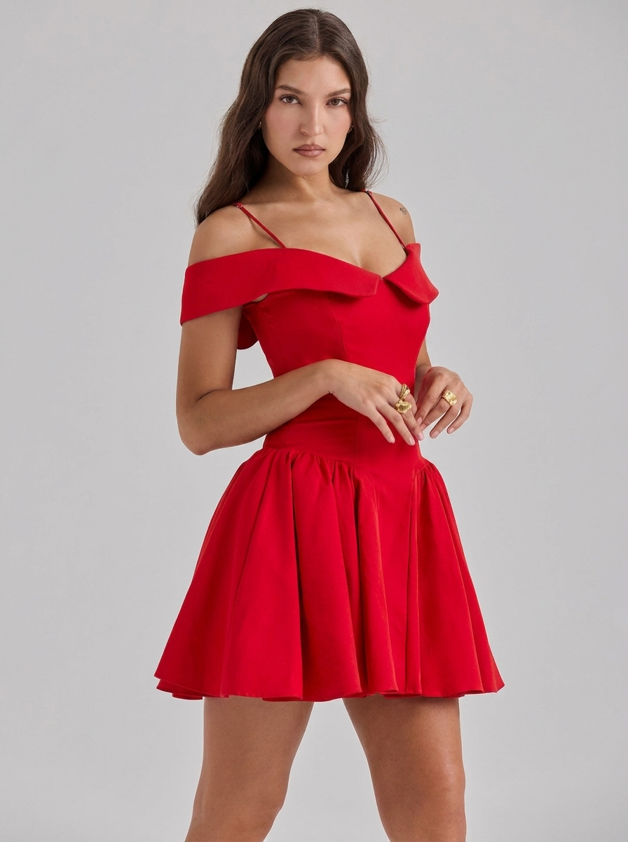 Off Shoulder Puffball Full Skirt Mini Dress