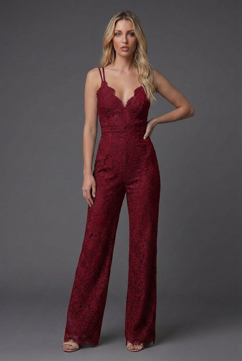 Summer Lace Strappy V Neck Wide Leg Jumpsuit