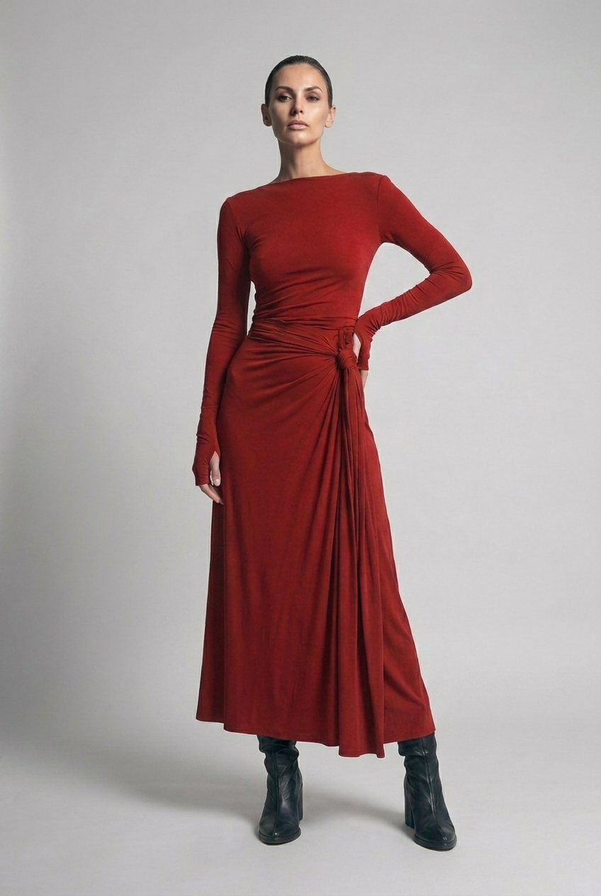 Boat Neck Long Sleeve Twist Front Maxi Occasion Dress