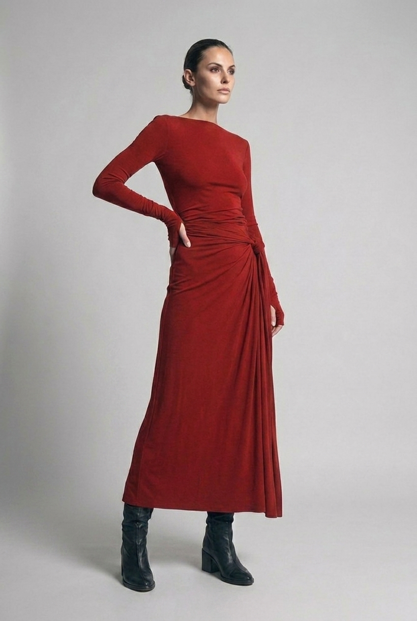Boat Neck Long Sleeve Twist Front Maxi Occasion Dress