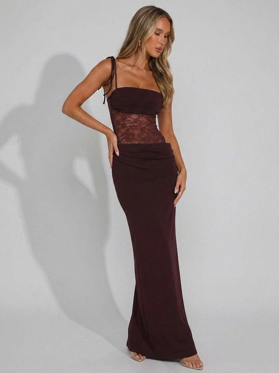 Square Neck Sheer Lace Occasion Maxi Dress