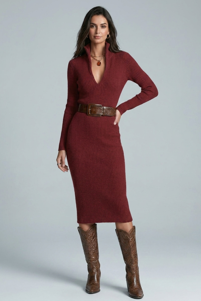 High Neck Ribbed Knit Style Long Sleeve Midi Jumper Dress