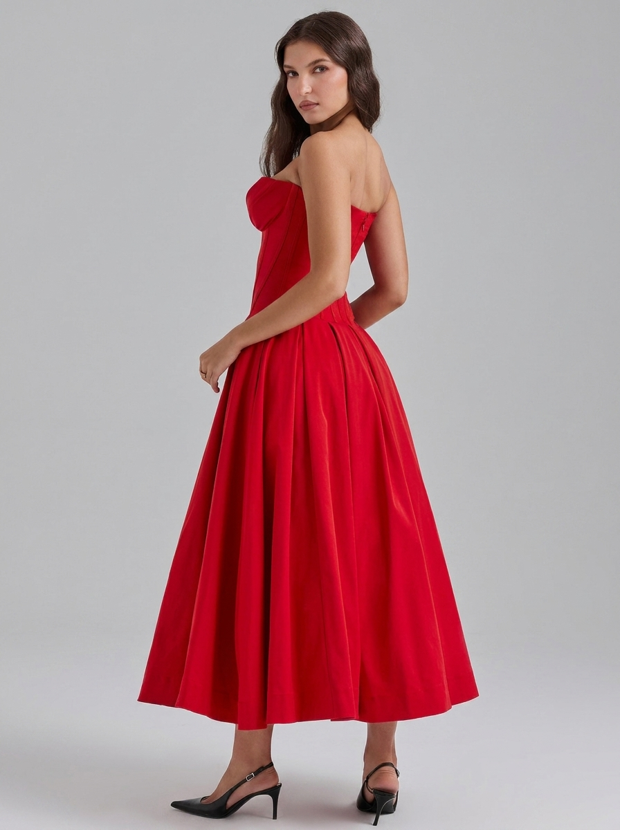 Strapless Corset Pleated Flared Midi Dress