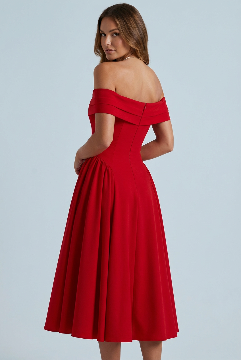 Women's Sophisticated Off Shoulder Pleated Flare Mid Length Dress