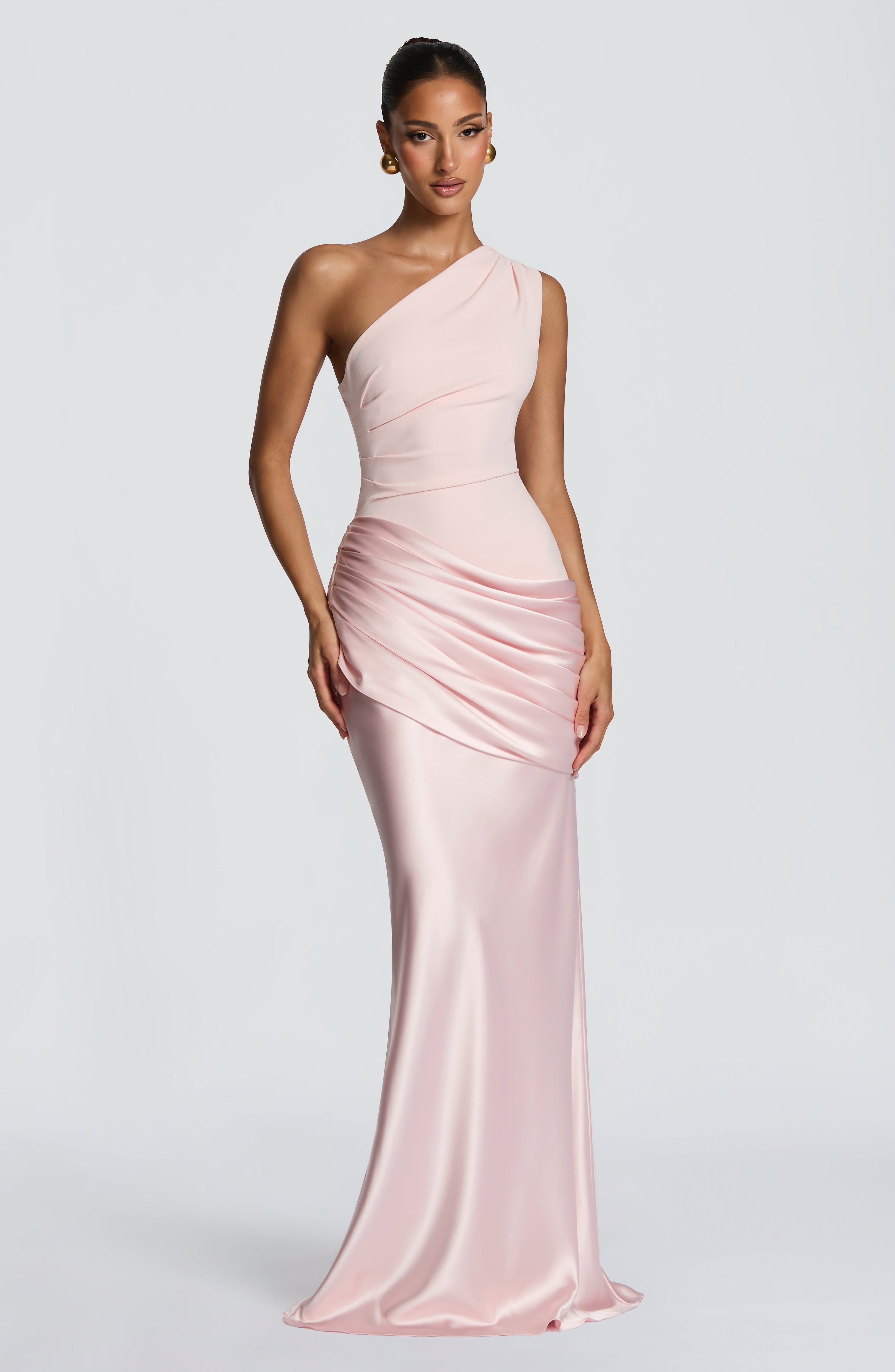One Shoulder Ruched Draped Satin Style Graduation Dress