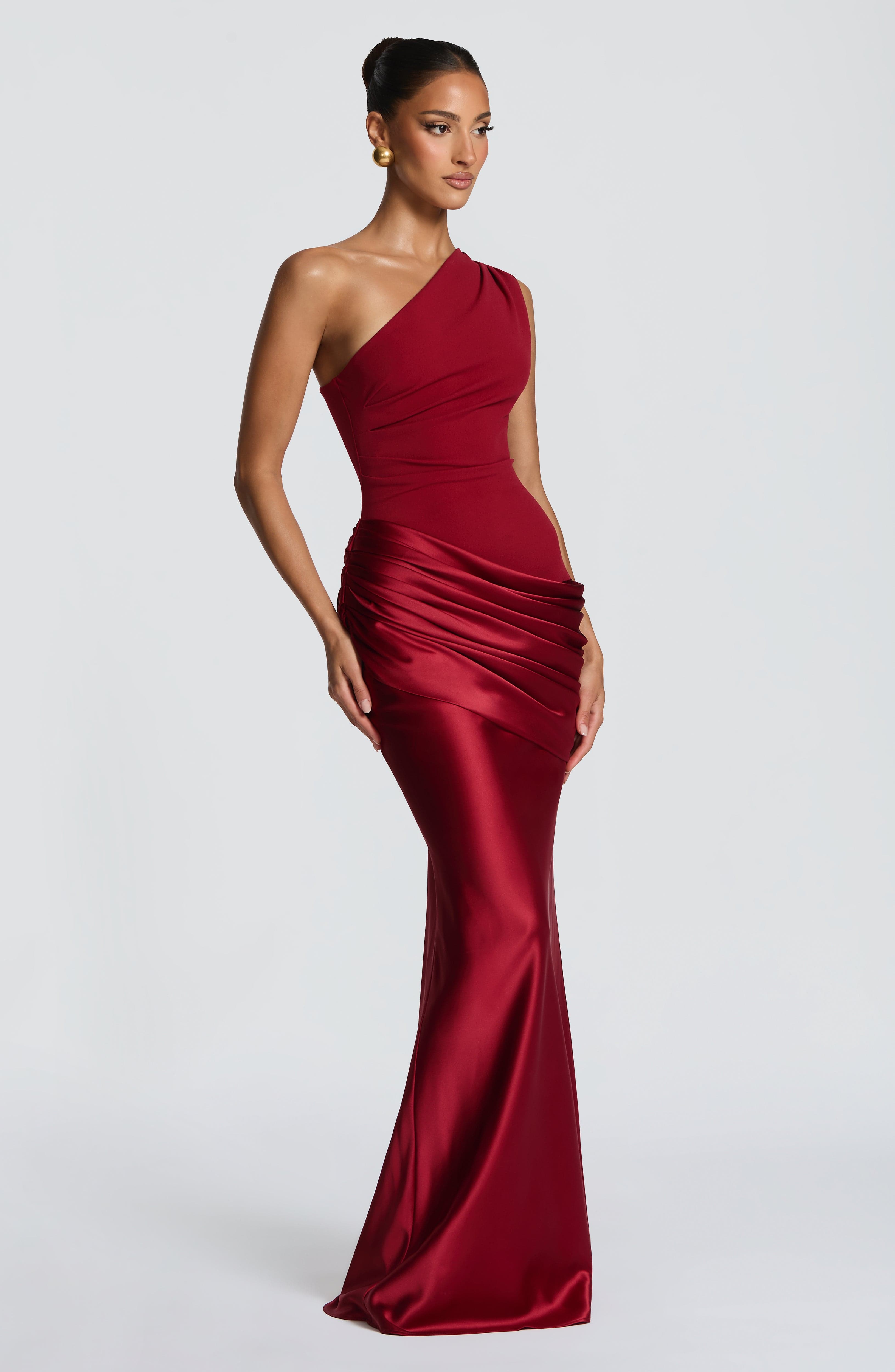 One Shoulder Ruched Draped Satin Style Graduation Dress