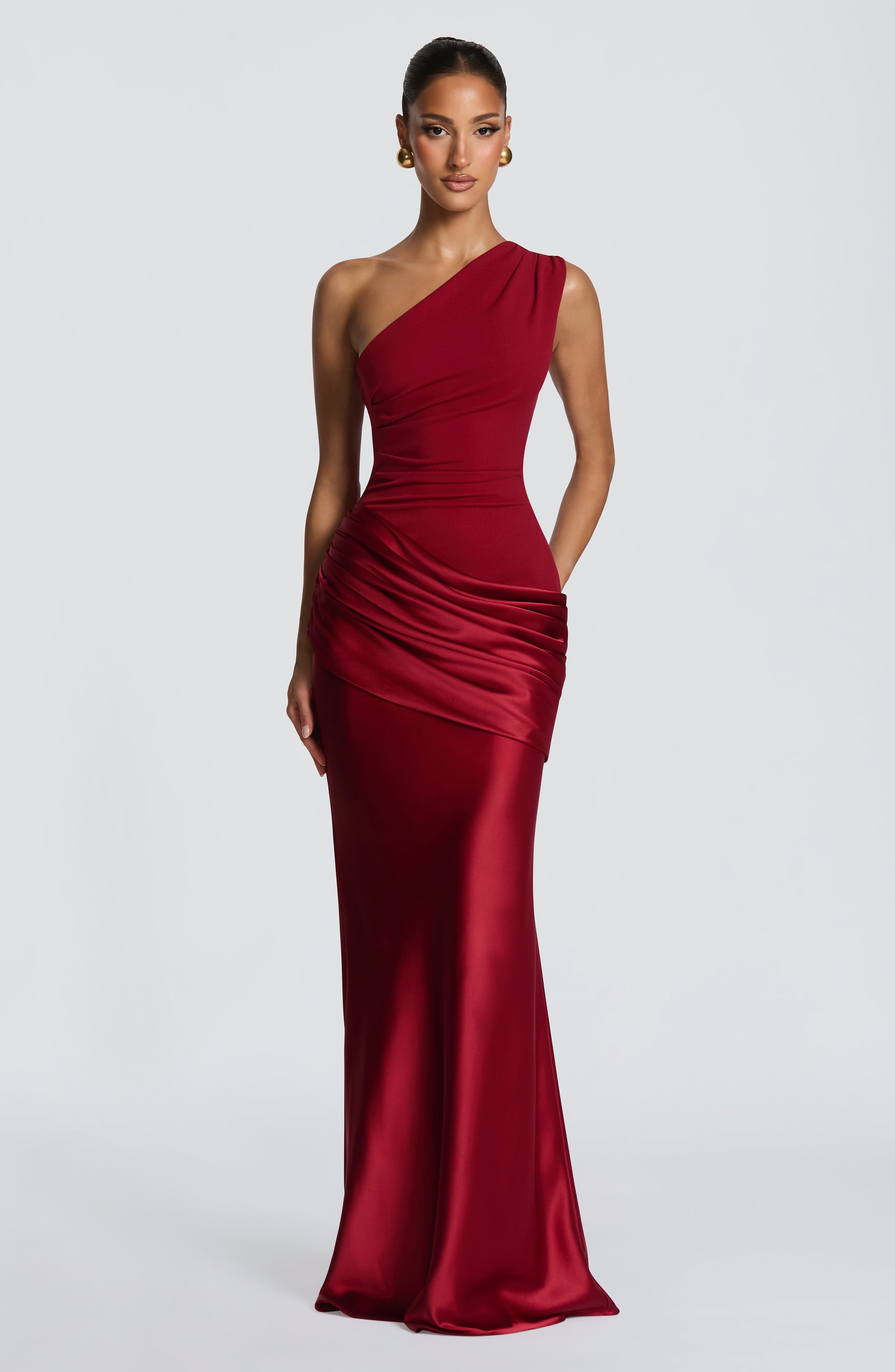 One Shoulder Ruched Draped Satin Style Graduation Dress
