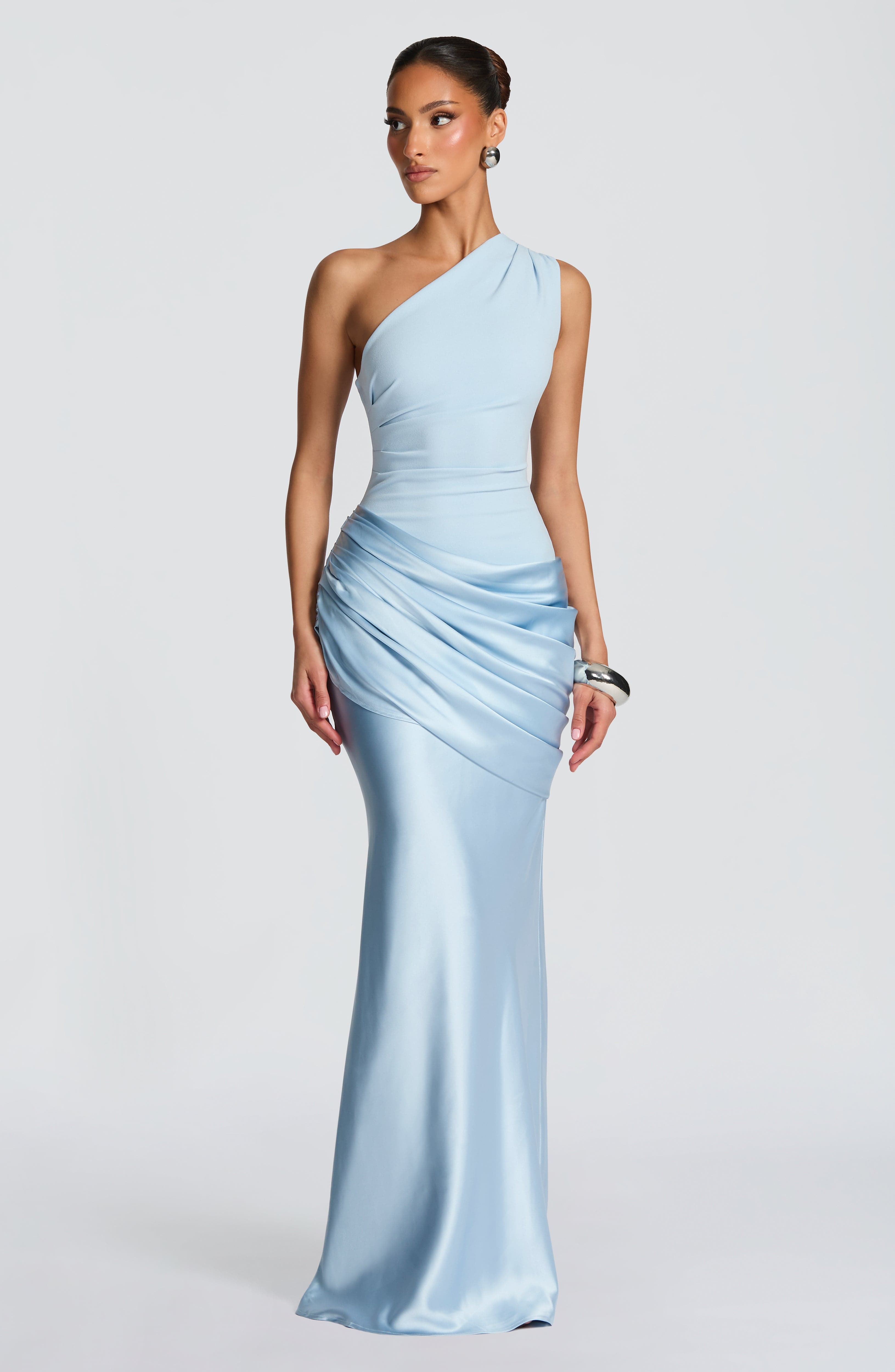 One Shoulder Ruched Draped Satin Style Graduation Dress