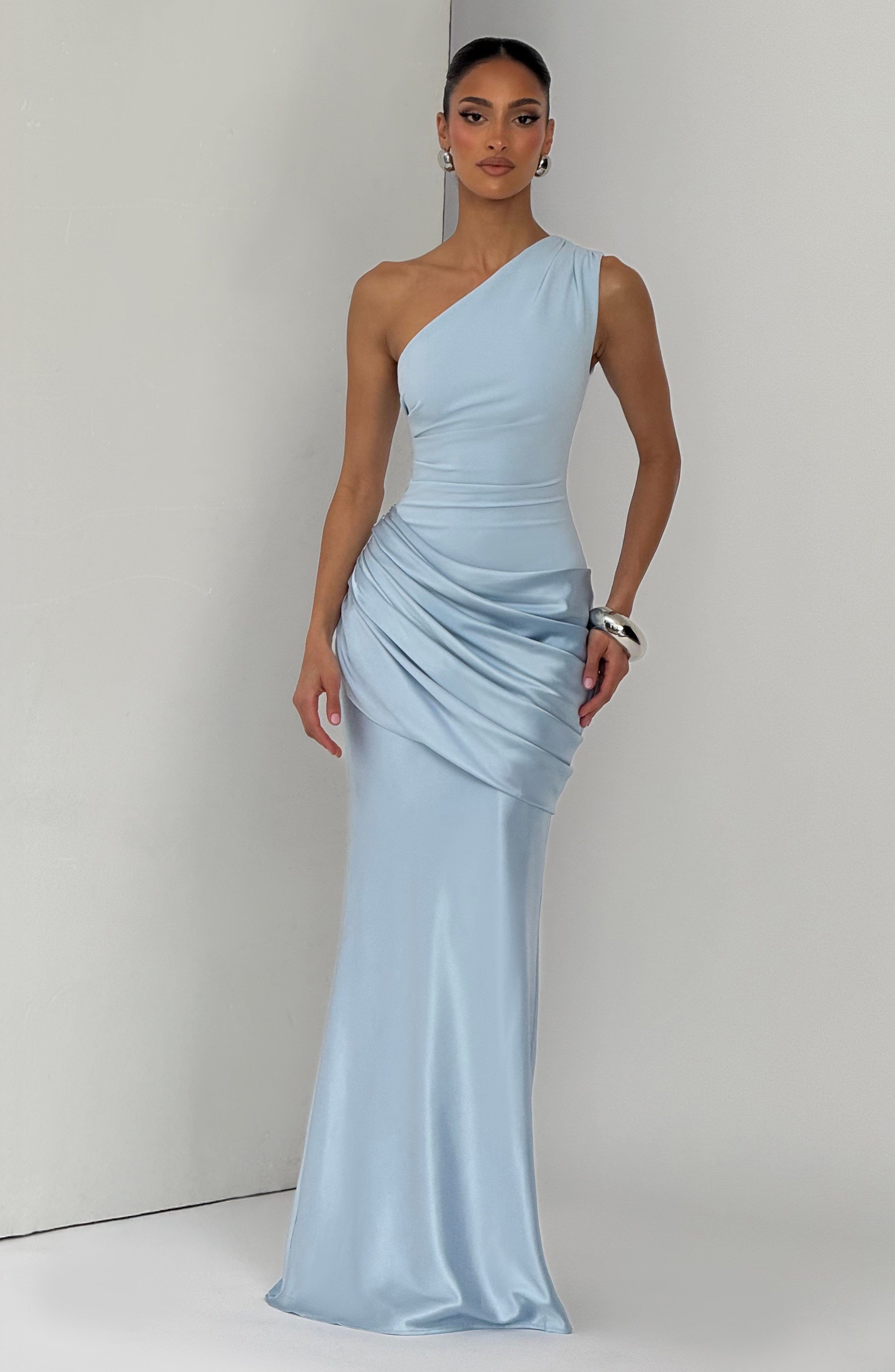 One Shoulder Ruched Draped Satin Style Graduation Dress