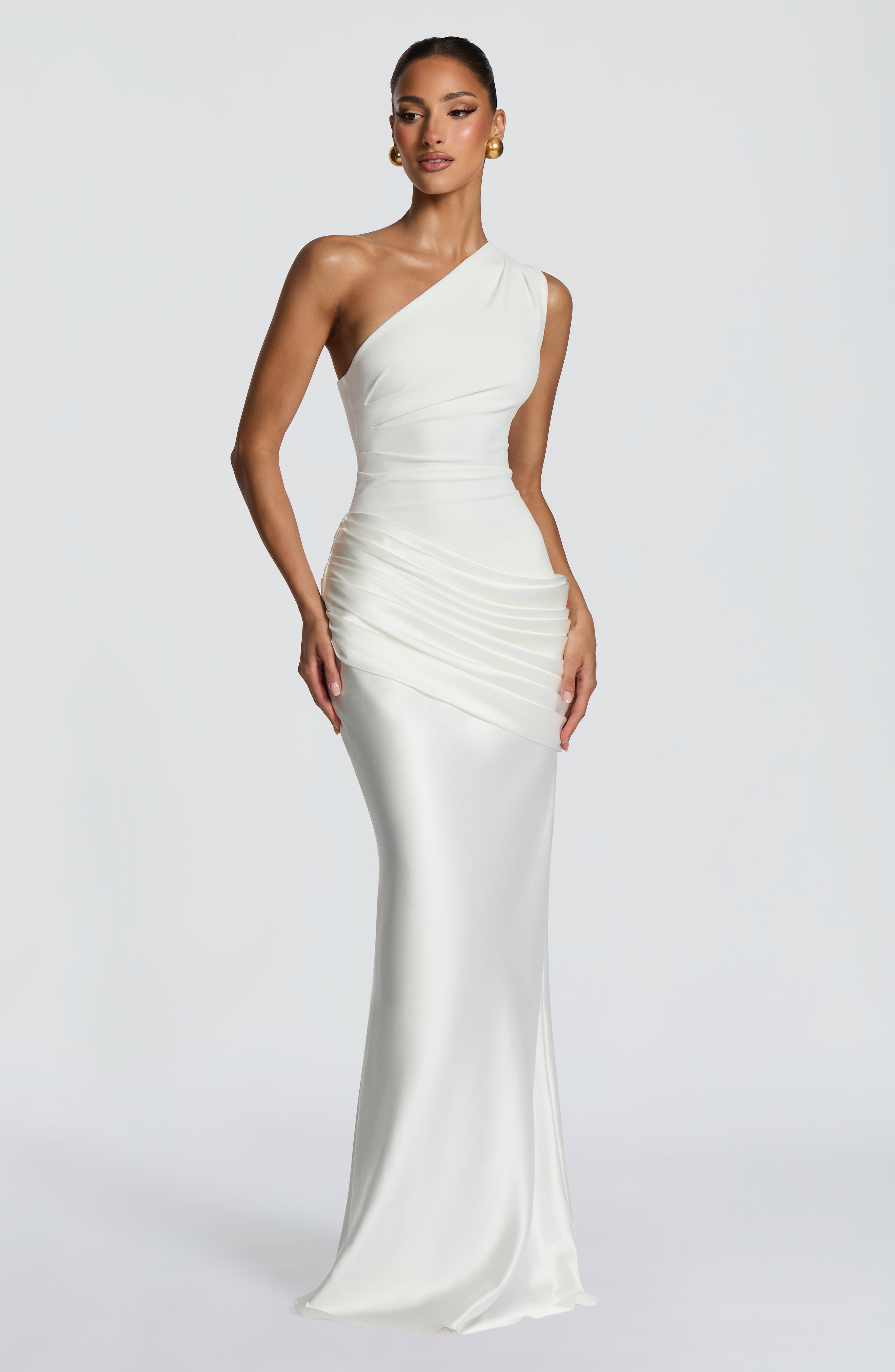 One Shoulder Ruched Draped Satin Style Graduation Dress