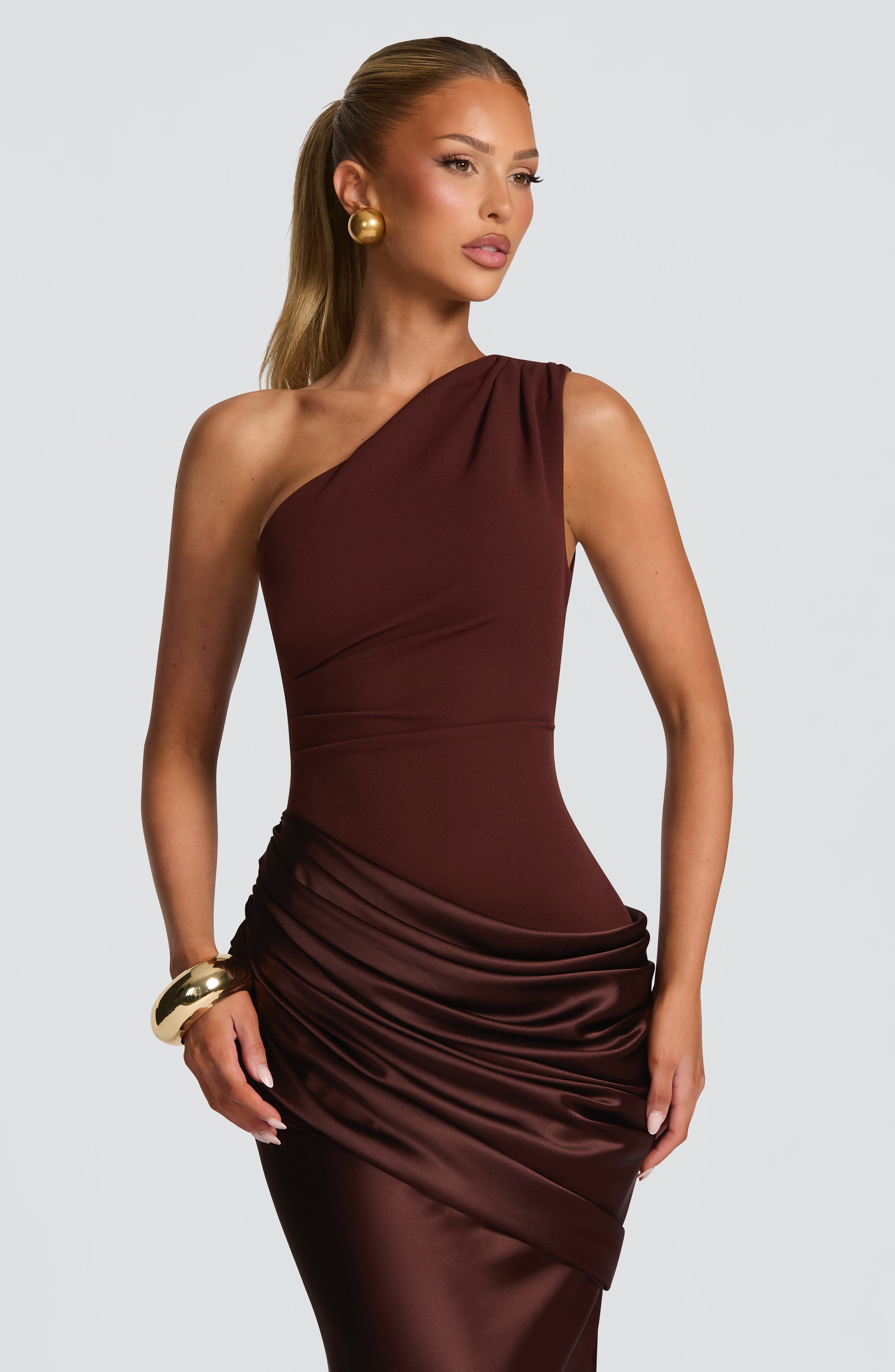 One Shoulder Ruched Draped Satin Style Graduation Dress