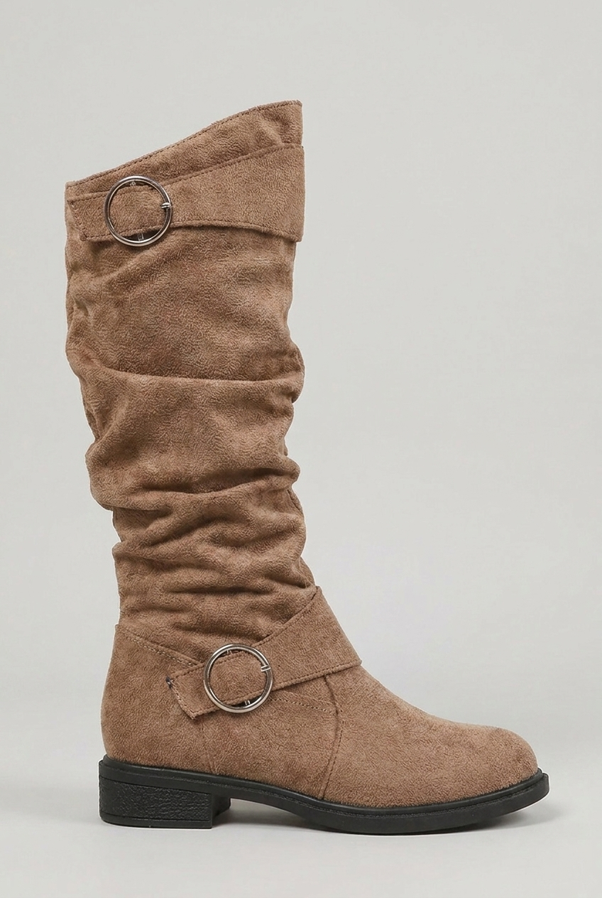 Slouchy Buckle Block Heel Knee High Boots Women