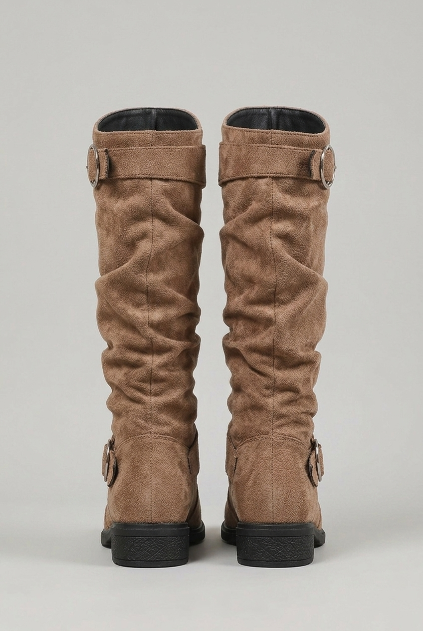Slouchy Buckle Block Heel Knee High Boots Women