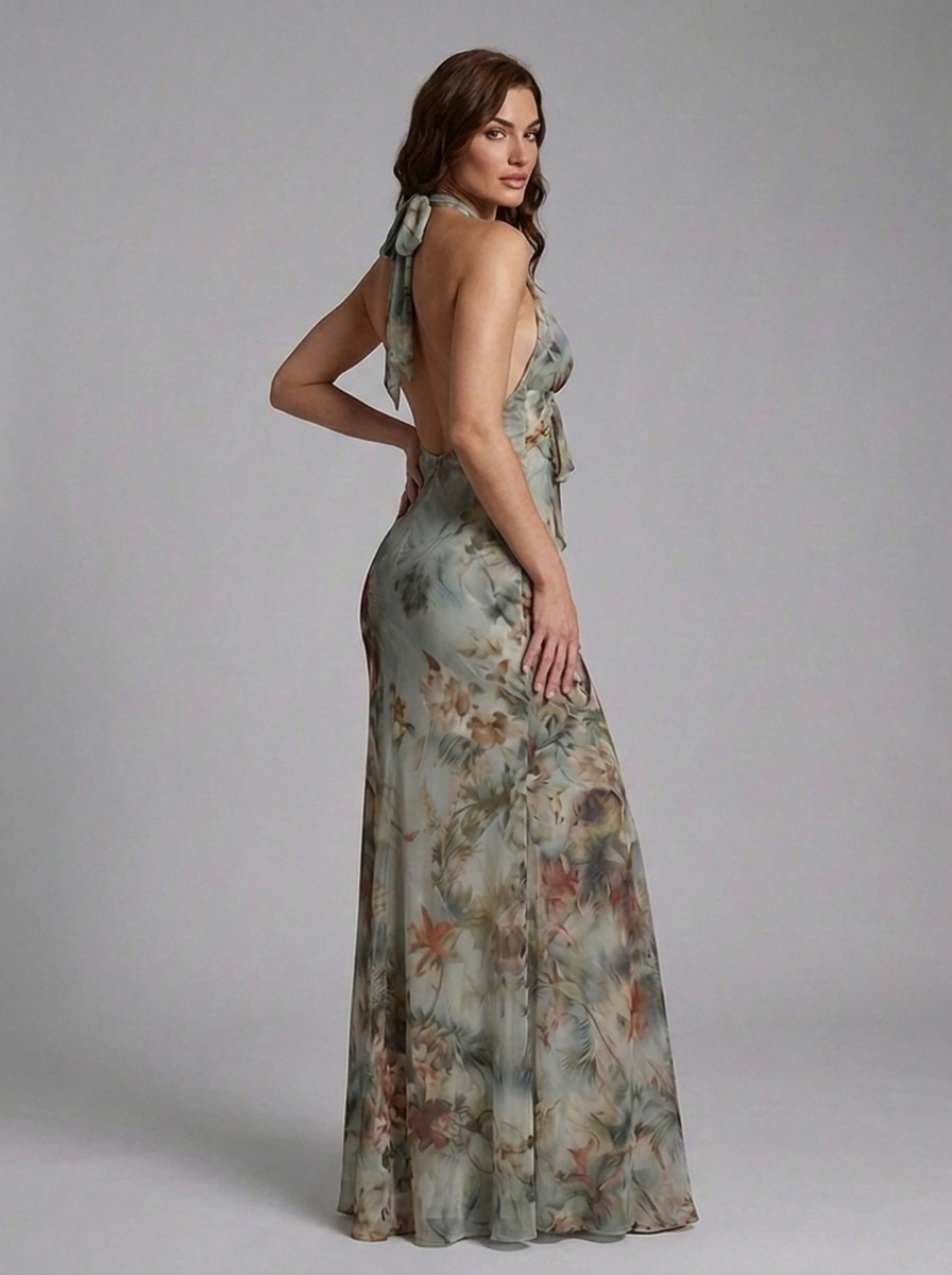 Vintage Floral Plunge Halter Chiffon Style Maxi Dress