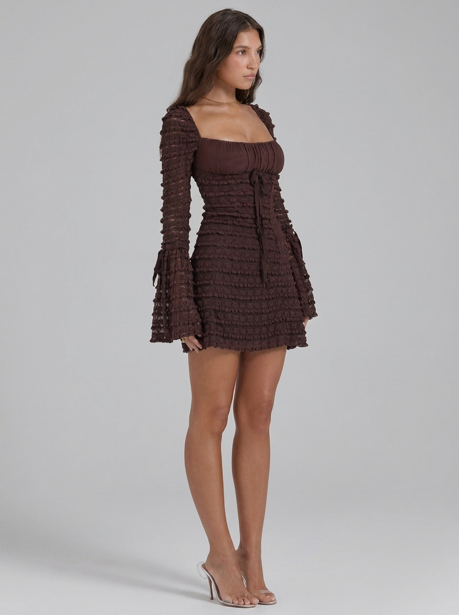 Brown Square Neck Long Sleeve Textured Mini Dress