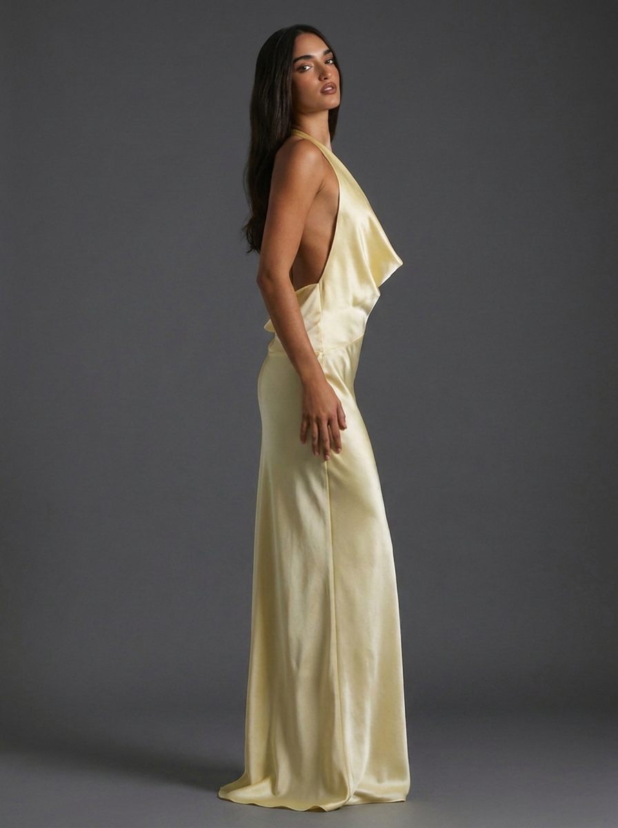 Butter Yellow Satin Style Maxi Dress Cowl Neck Open Back
