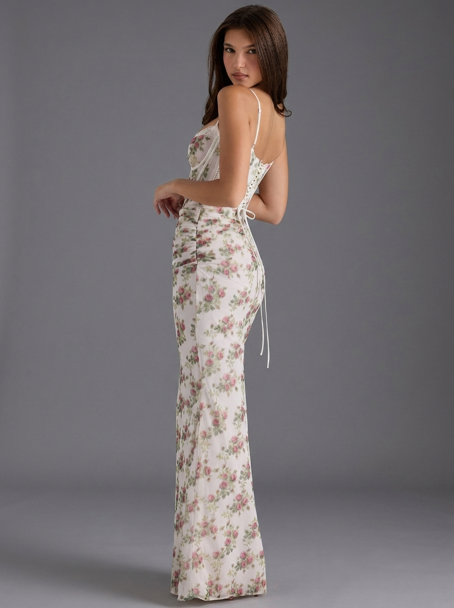 Floral Strappy Corset Occasion Maxi Dress
