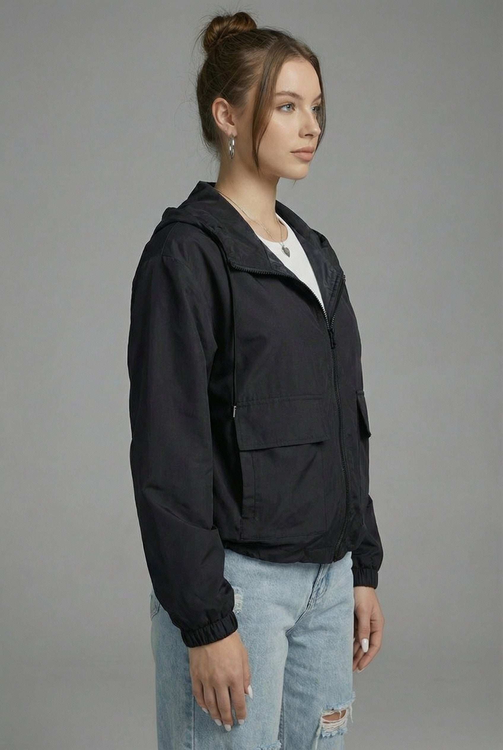 Women’s Black Cropped Spring Jacket Lightweight Hooded Casual Outerwear