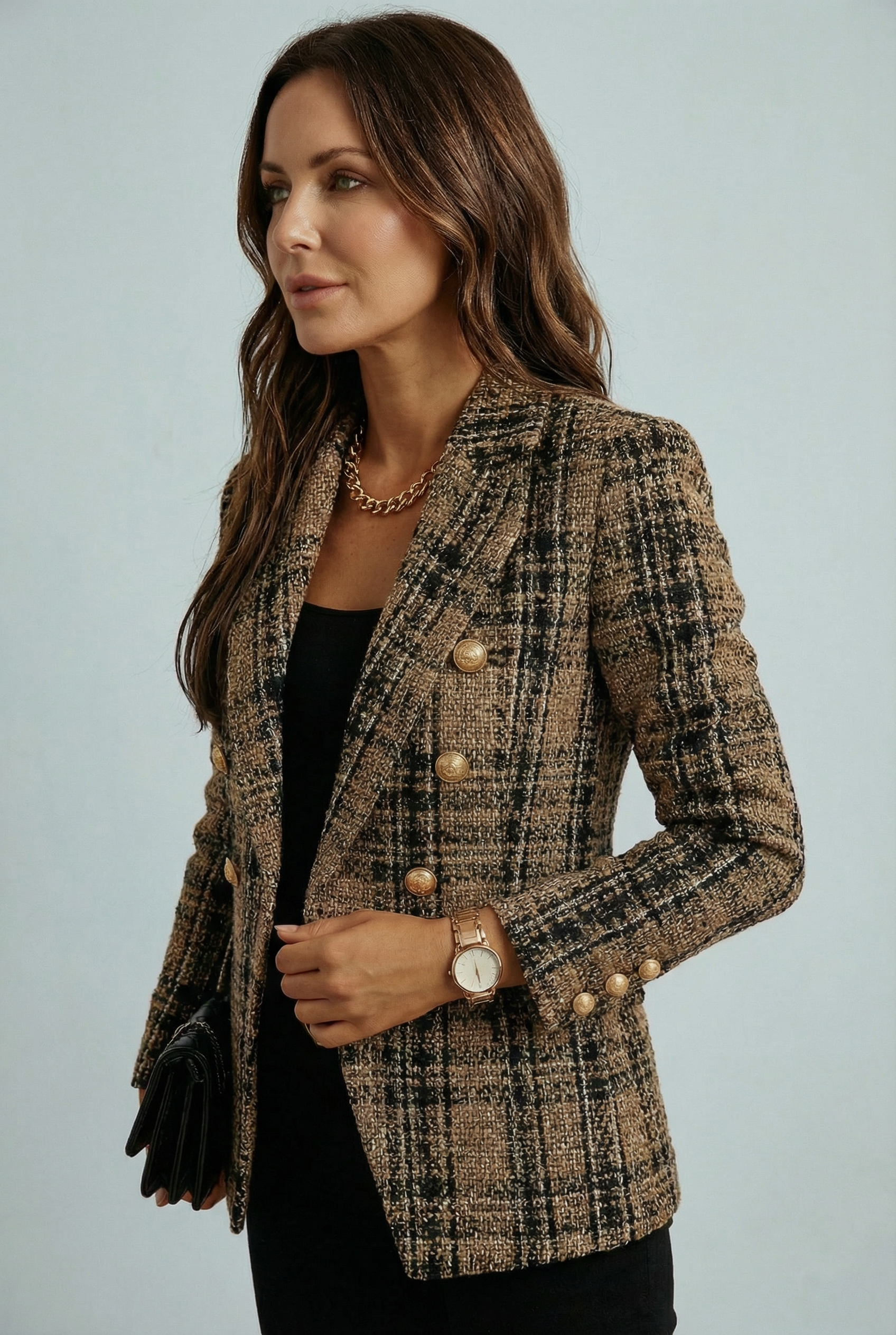 Women's Plaid Check Double-Breasted Blazer