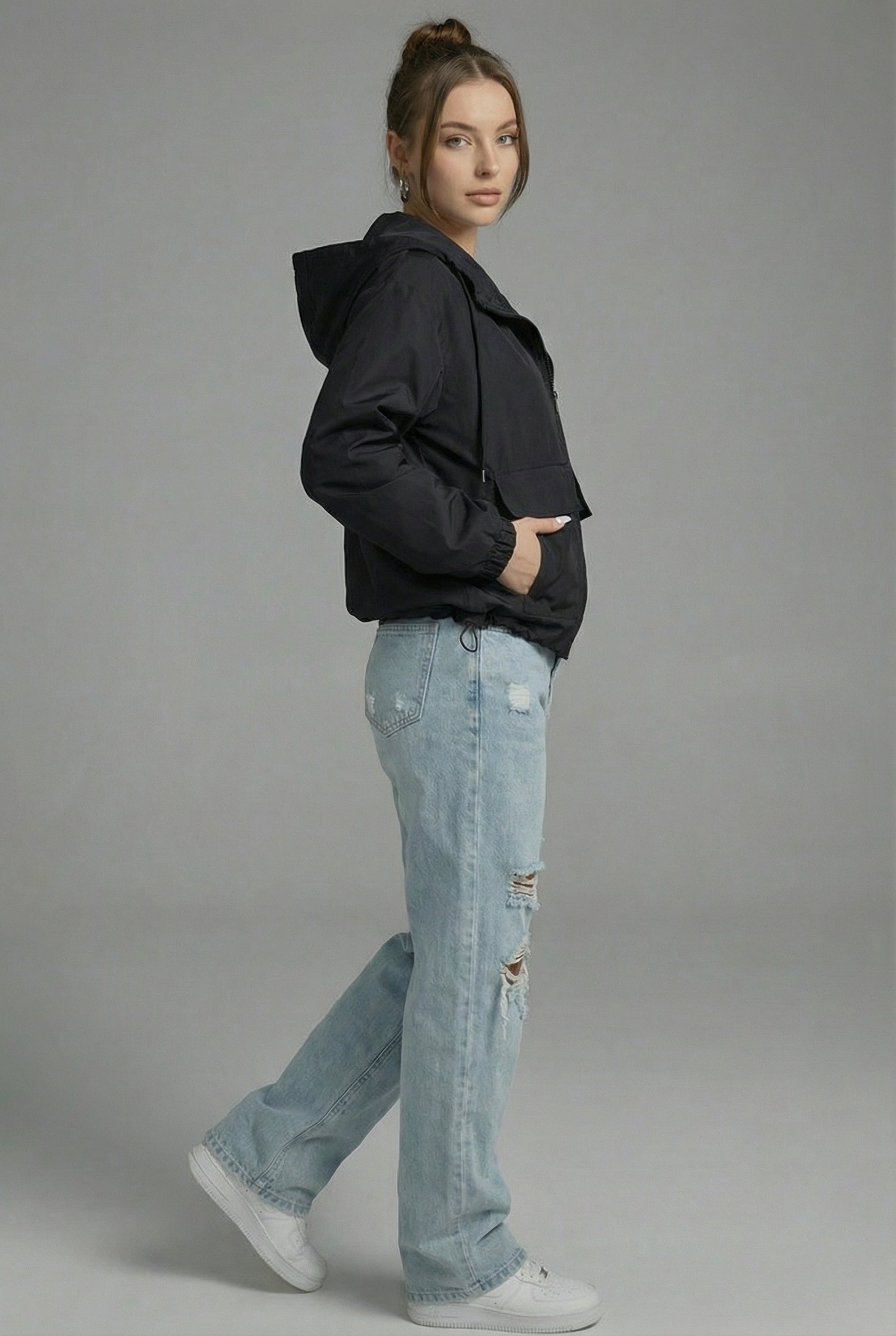 Women’s Black Cropped Spring Jacket Lightweight Hooded Casual Outerwear