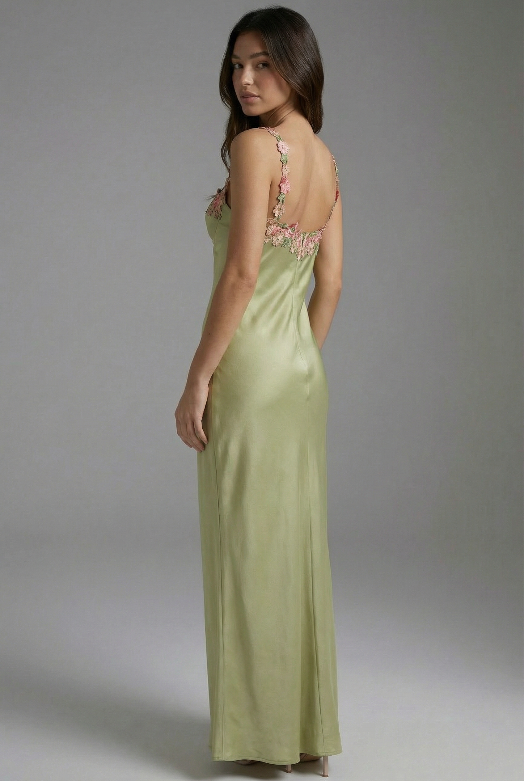 Women’s Lime Green Satin Sleeveless Floral Embroidered Maxi Dress