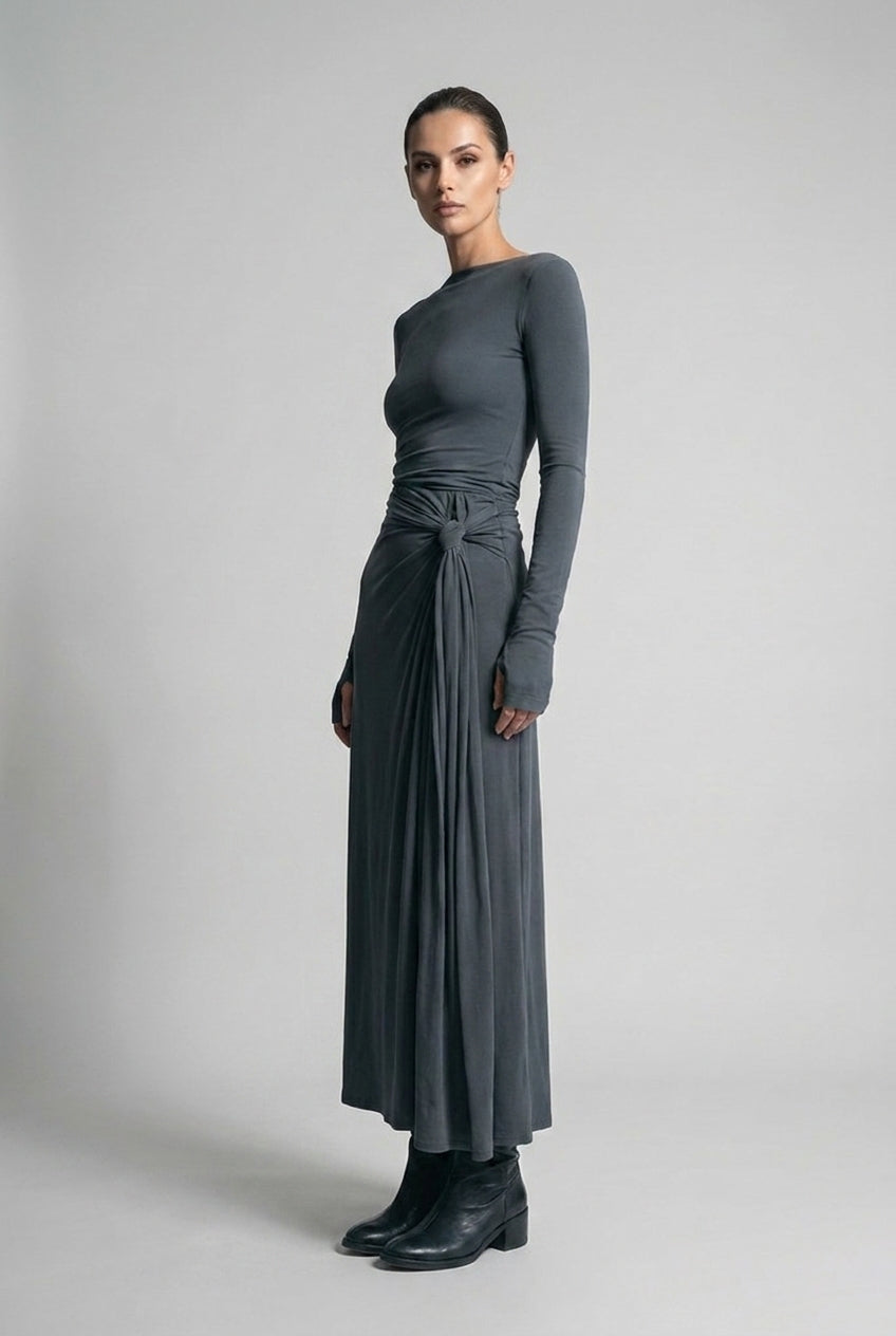 Boat Neck Long Sleeve Twist Front Maxi Occasion Dress