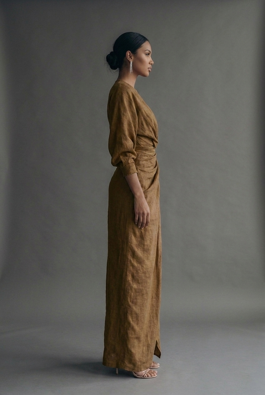 Linen Style Maxi Dress V-Neck Batwing Sleeve Twist Front Wrap